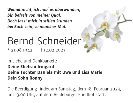 Traueranzeige von Bernd Schneider von Mitteldeutsche Zeitung Halle/Saalkreis