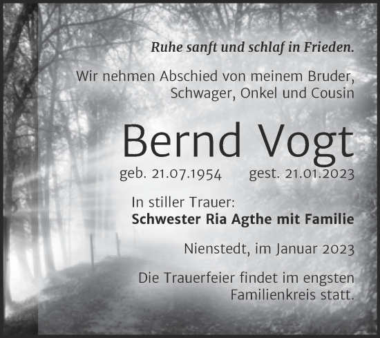 Traueranzeige von Bernd Vogt von Trauerkombi Sangerhausen