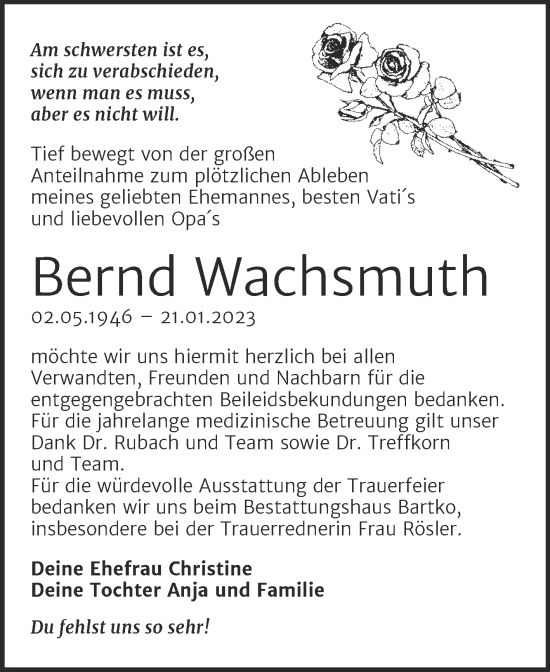 Traueranzeige von Bernd Wachsmuth von Trauerkombi Köthen