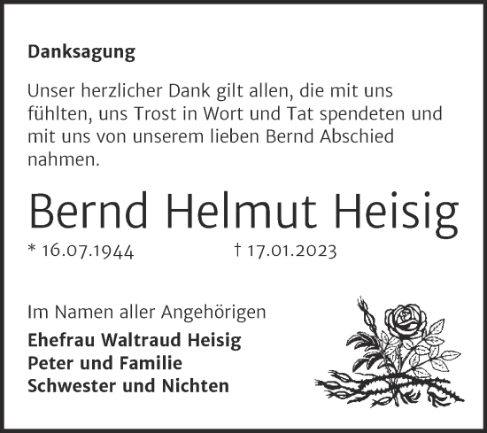 Traueranzeige von Bernd Helmut Heisig von Mitteldeutsche Zeitung Halle/Saalkreis