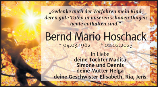 Traueranzeige von Bernd Mario Rosthack von Trauerkombi Wittenberg
