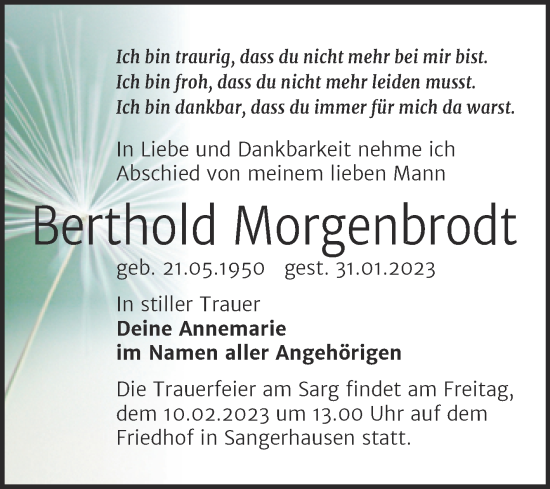 Traueranzeige von Berthold Morgenbrodt von Trauerkombi Sangerhausen