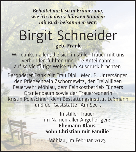 Traueranzeige von Birgit Schneider von Trauerkombi Wittenberg