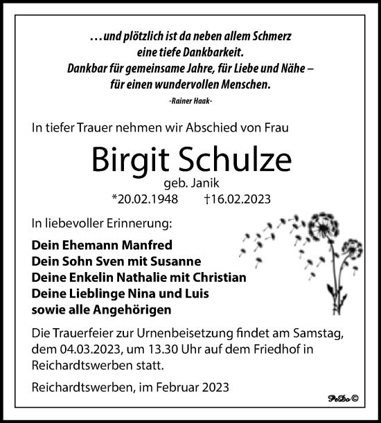 Traueranzeige von Birgit Schulze von Trauerkombi Weißenfels