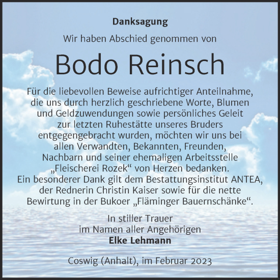 Traueranzeige von Bodo Reinsch von Trauerkombi Wittenberg