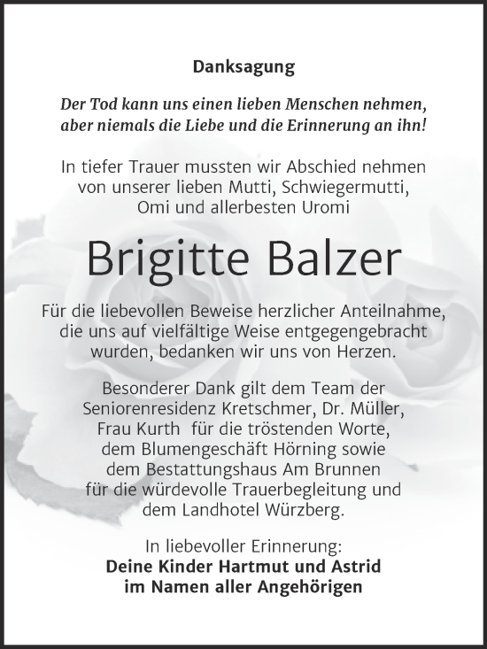 Traueranzeige von Brigitte Balzer von Trauerkombi Mansfelder Land