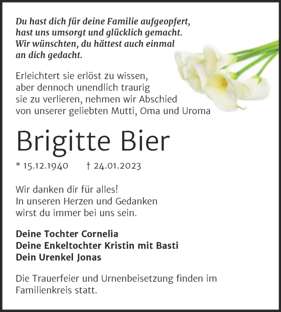 Traueranzeige von Brigitte Bier von Trauerkombi Bitterfeld