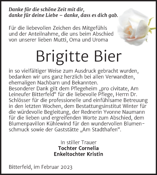 Traueranzeige von Brigitte Bier von Trauerkombi Bitterfeld