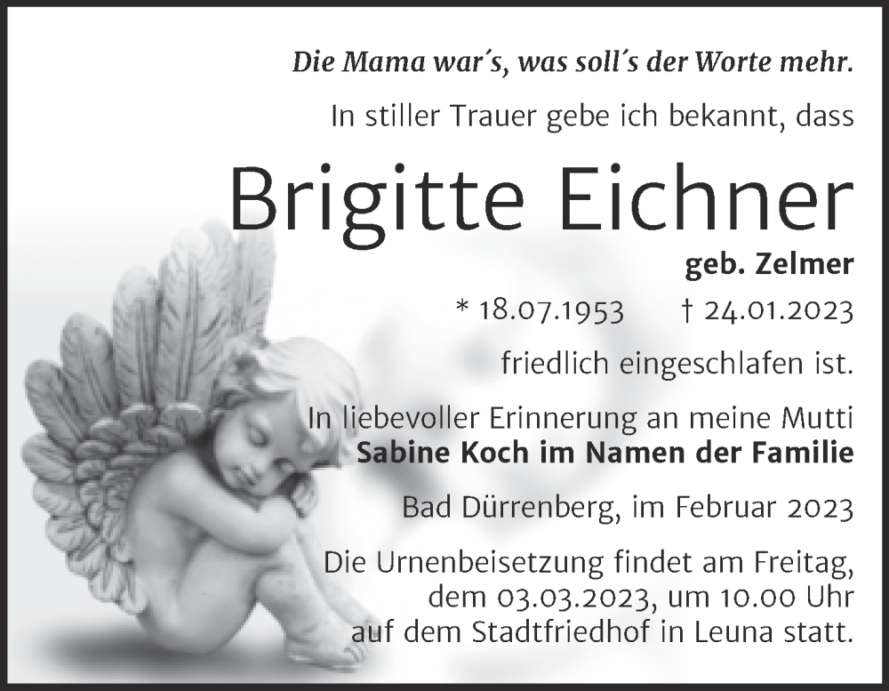  Traueranzeige für Brigitte Eichner vom 04.02.2023 aus Trauerkombi Merseburg
