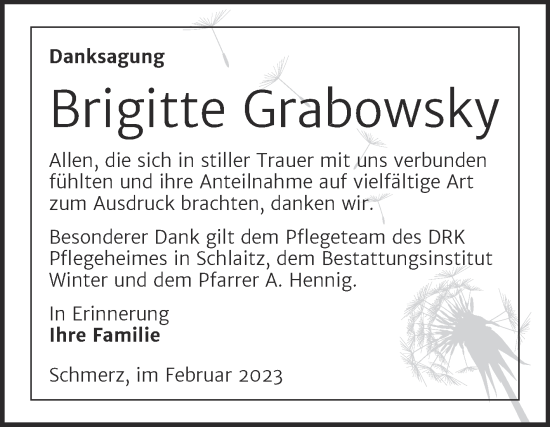 Traueranzeige von Brigitte Grabowsky von Trauerkombi Bitterfeld