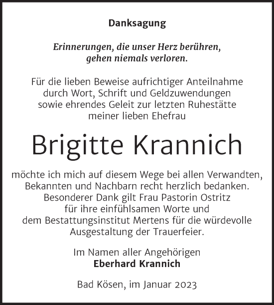 Traueranzeige von Brigitte Krannich von Wochenspiegel Naumburg/Nebra