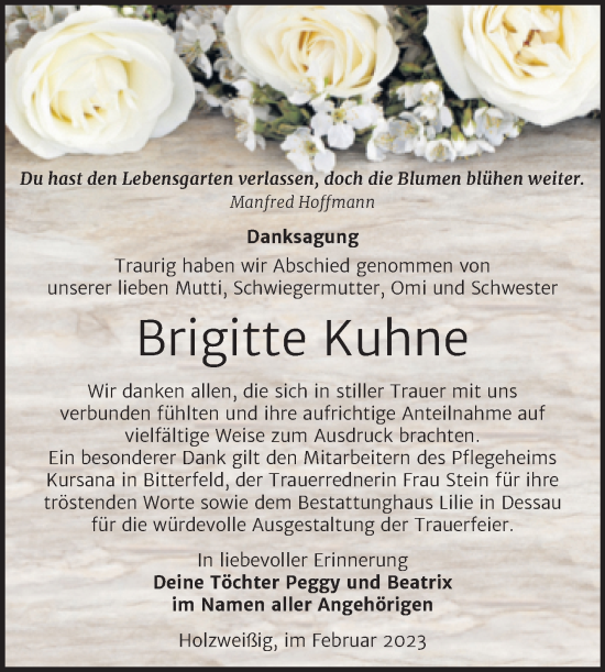 Traueranzeige von Brigitte Kuhne von Trauerkombi Bitterfeld