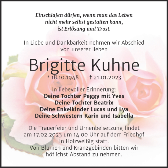 Traueranzeige von Brigitte Kuhne von Trauerkombi Bitterfeld