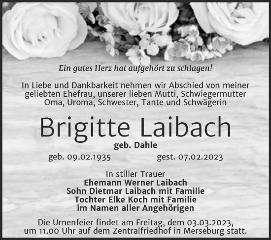 Traueranzeige von Brigitte Laibach von Trauerkombi Merseburg