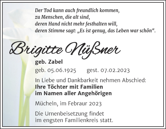 Traueranzeige von Brigitte Nüßner von Trauerkombi Merseburg