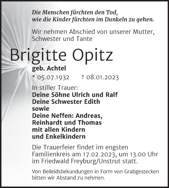 Traueranzeige von Brigitte Opitz von Mitteldeutsche Zeitung Halle/Saalkreis