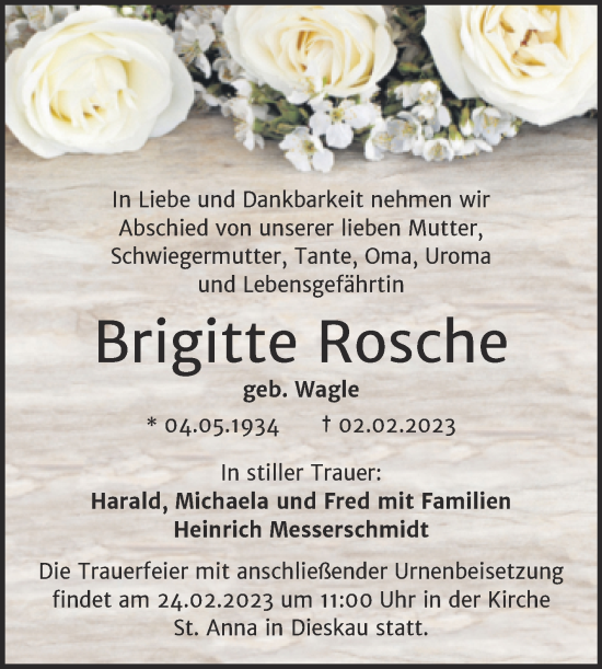 Traueranzeige von Brigitte Rosche von Mitteldeutsche Zeitung Halle/Saalkreis