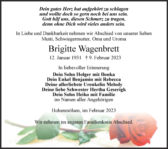 Traueranzeige von Brigitte Wagenbrett von Trauerkombi Weißenfels