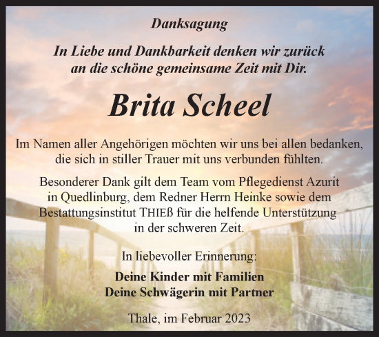 Traueranzeige von Brita Scheel von Trauerkombi Quedlinburg