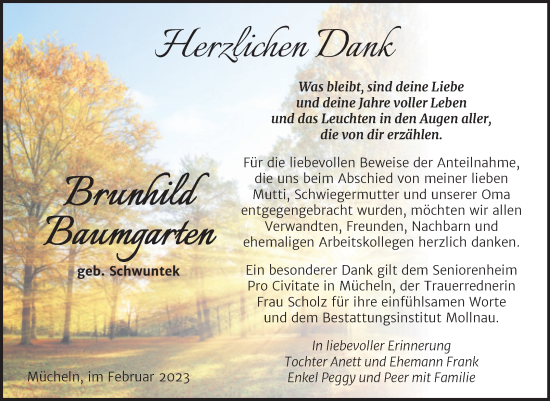 Traueranzeige von Brunhild Baumgarten von Trauerkombi Merseburg
