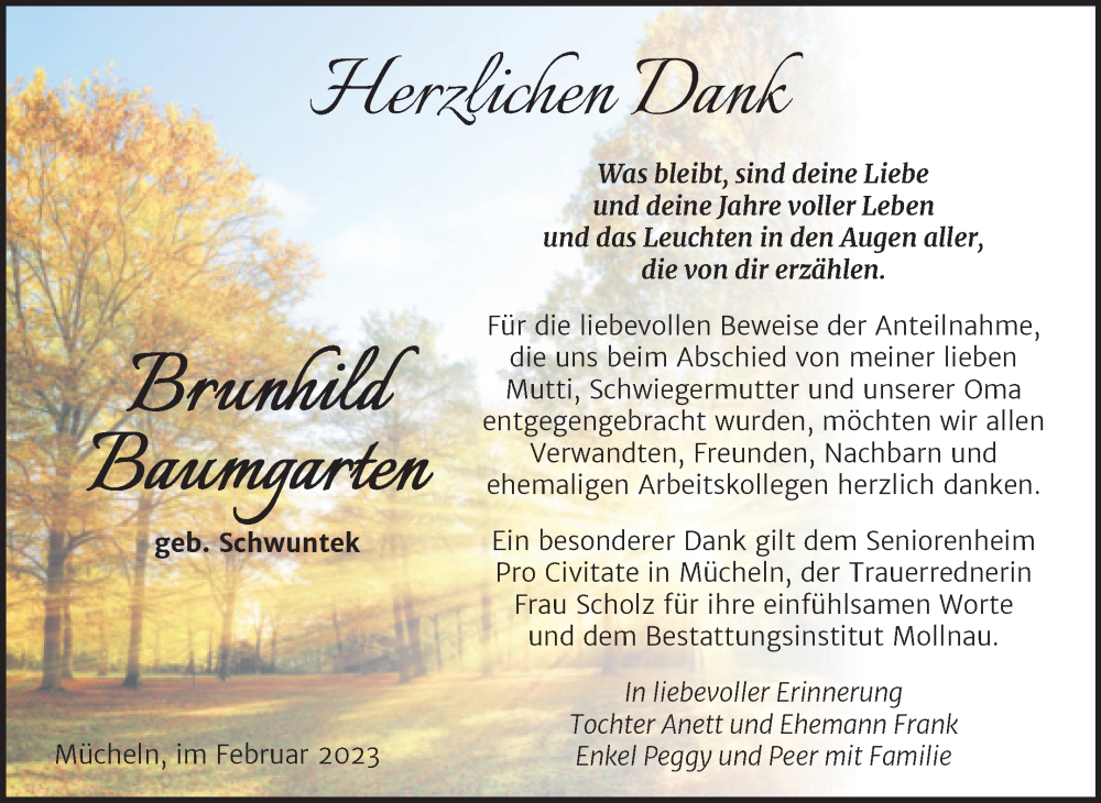  Traueranzeige für Brunhild Baumgarten vom 18.02.2023 aus Trauerkombi Merseburg