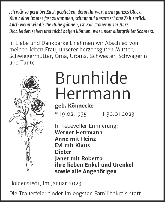 Traueranzeige von Brunhilde Herrmann von Trauerkombi Sangerhausen