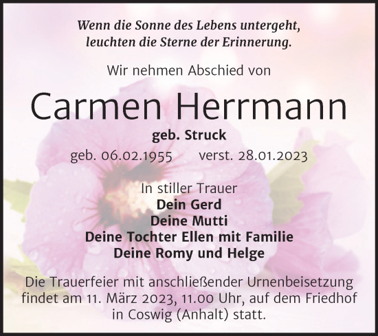Traueranzeige von Carmen Herrmann von Trauerkombi Wittenberg