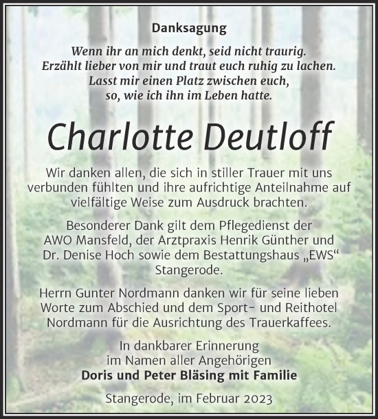 Traueranzeige von Charlotte Deutloff von Trauerkombi Mansfelder Land
