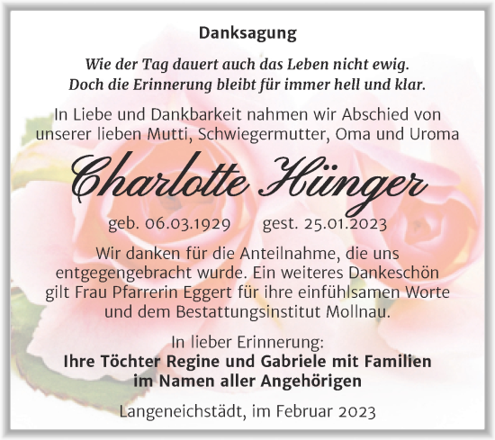 Traueranzeige von Charlotte Hünger von Trauerkombi Merseburg