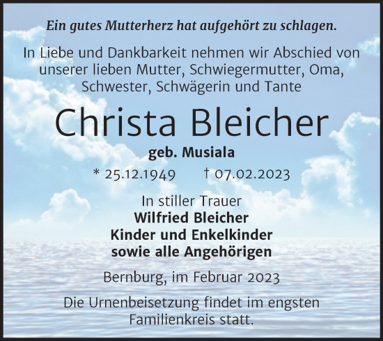Traueranzeige von Christa Bleicher von Trauerkombi Bernburg