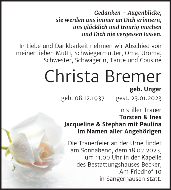 Traueranzeige von Christa Bremer von Trauerkombi Sangerhausen