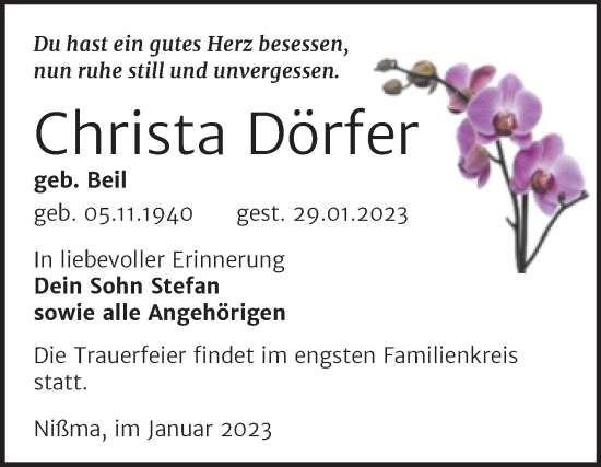 Traueranzeige von Christa Dörfer von Trauerkombi Zeitz