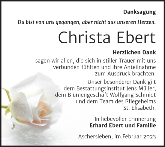 Traueranzeige von Christa Ebert von Trauerkombi Aschersleben
