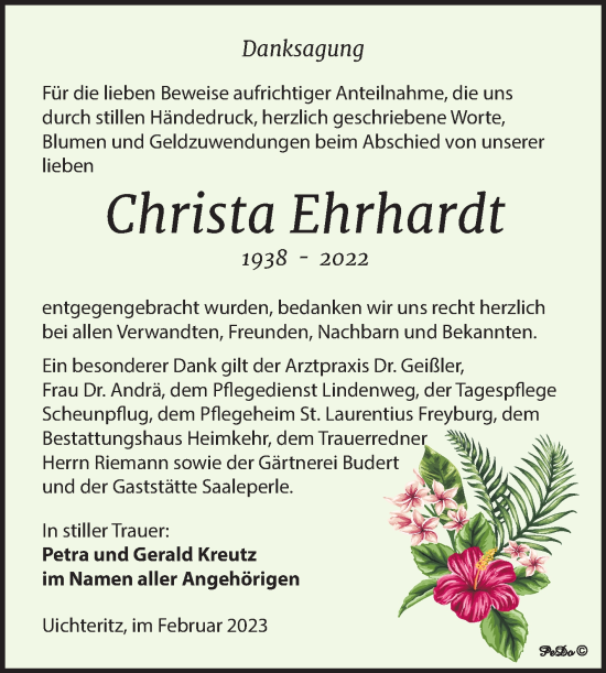 Traueranzeige von Christa Ehrhardt von Trauerkombi Weißenfels