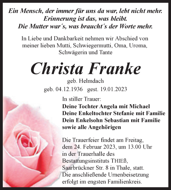Traueranzeige von Christa Franke von Trauerkombi Quedlinburg