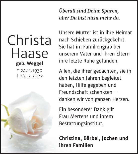 Traueranzeige von Christa Haase von Wochenspiegel Naumburg/Nebra