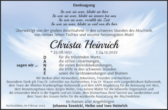 Traueranzeige von Christa Heinrich von Trauerkombi Aschersleben