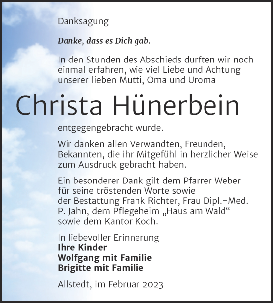 Traueranzeige von Christa Hünerbein von Trauerkombi Sangerhausen