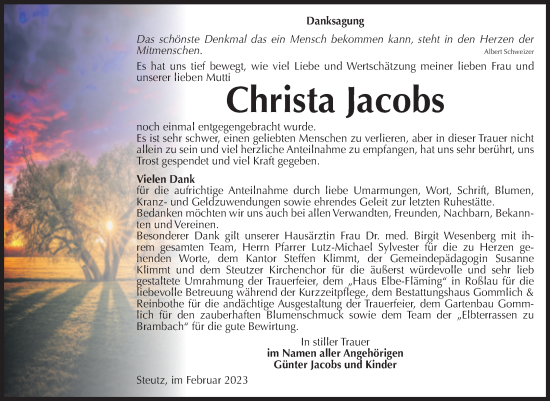 Traueranzeige von Christa Jacobs von Mitteldeutsche Zeitung Dessau-Roßlau