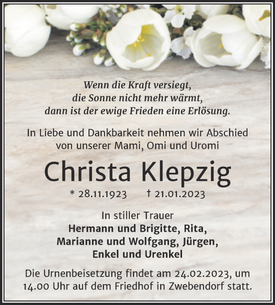 Traueranzeige von Christa Klepzig von Mitteldeutsche Zeitung Halle/Saalkreis