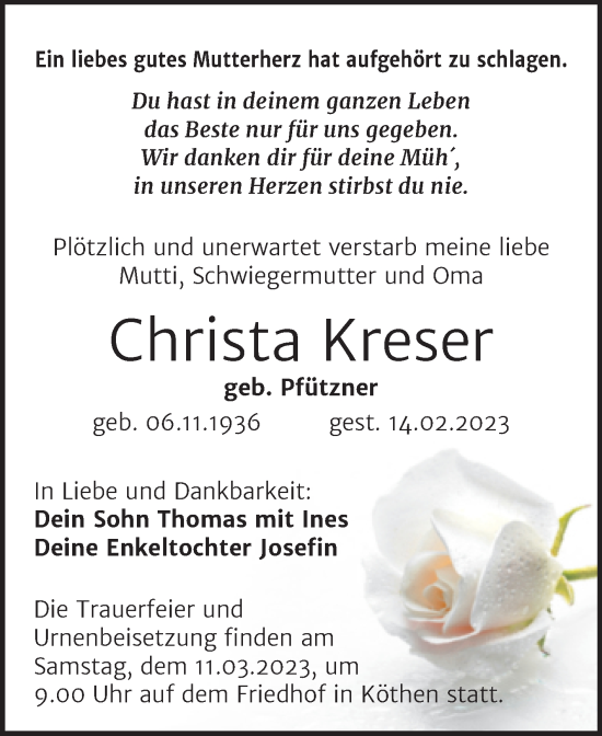 Traueranzeige von Christa Kreser von Trauerkombi Köthen