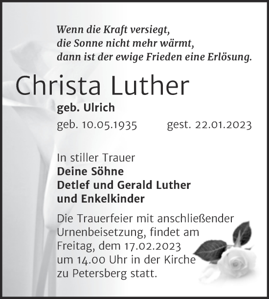 Traueranzeige von Christa Luther von Mitteldeutsche Zeitung Halle/Saalkreis