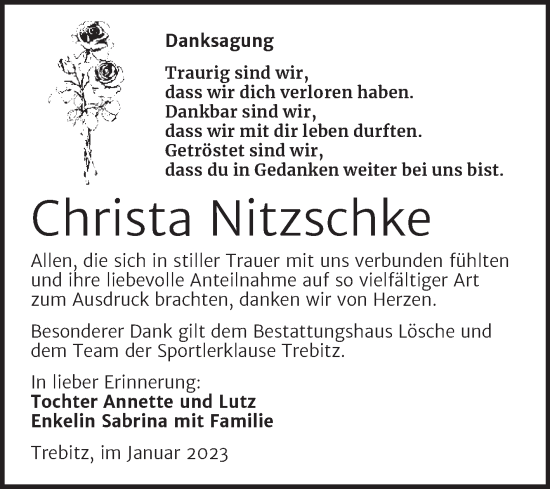 Traueranzeige von Christa Nitzschke von Trauerkombi Wittenberg