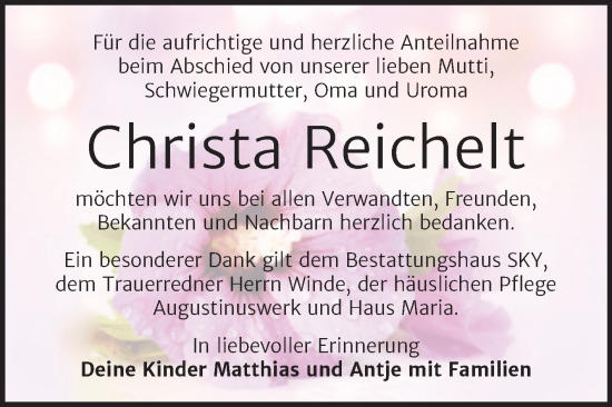 Traueranzeige von Christa Reichelt von Trauerkombi Wittenberg
