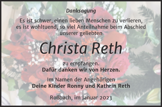 Traueranzeige von Christa Reth von Trauerkombi Merseburg