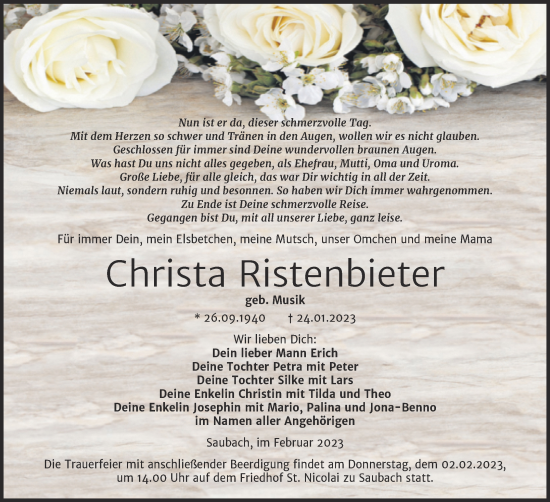 Traueranzeige von Christa Ristenbieter von Wochenspiegel Naumburg/Nebra