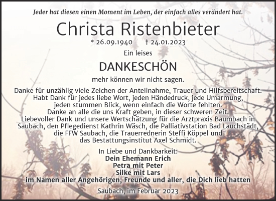 Traueranzeige von Christa Ristenbieter von Wochenspiegel Naumburg/Nebra