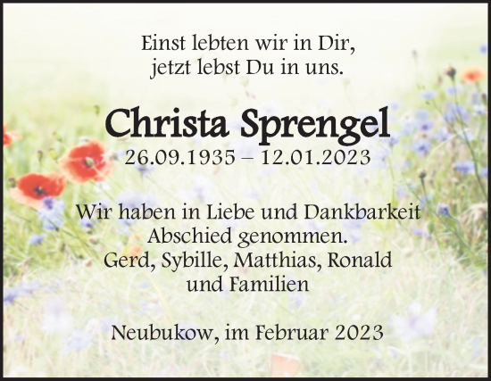 Traueranzeige von Christa Sprengel von Super Sonntag Mansfelder Land