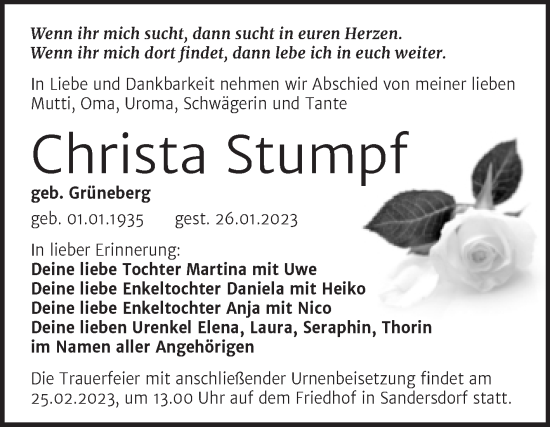 Traueranzeige von Christa Stumpf von Trauerkombi Bitterfeld