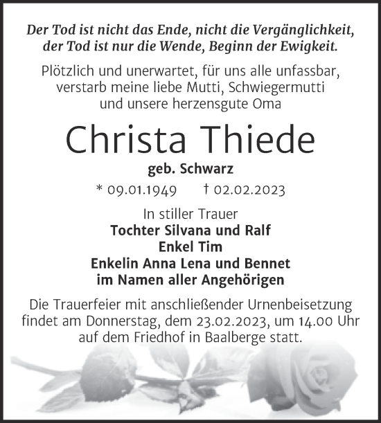 Traueranzeige von Christa Thiede von Trauerkombi Bernburg